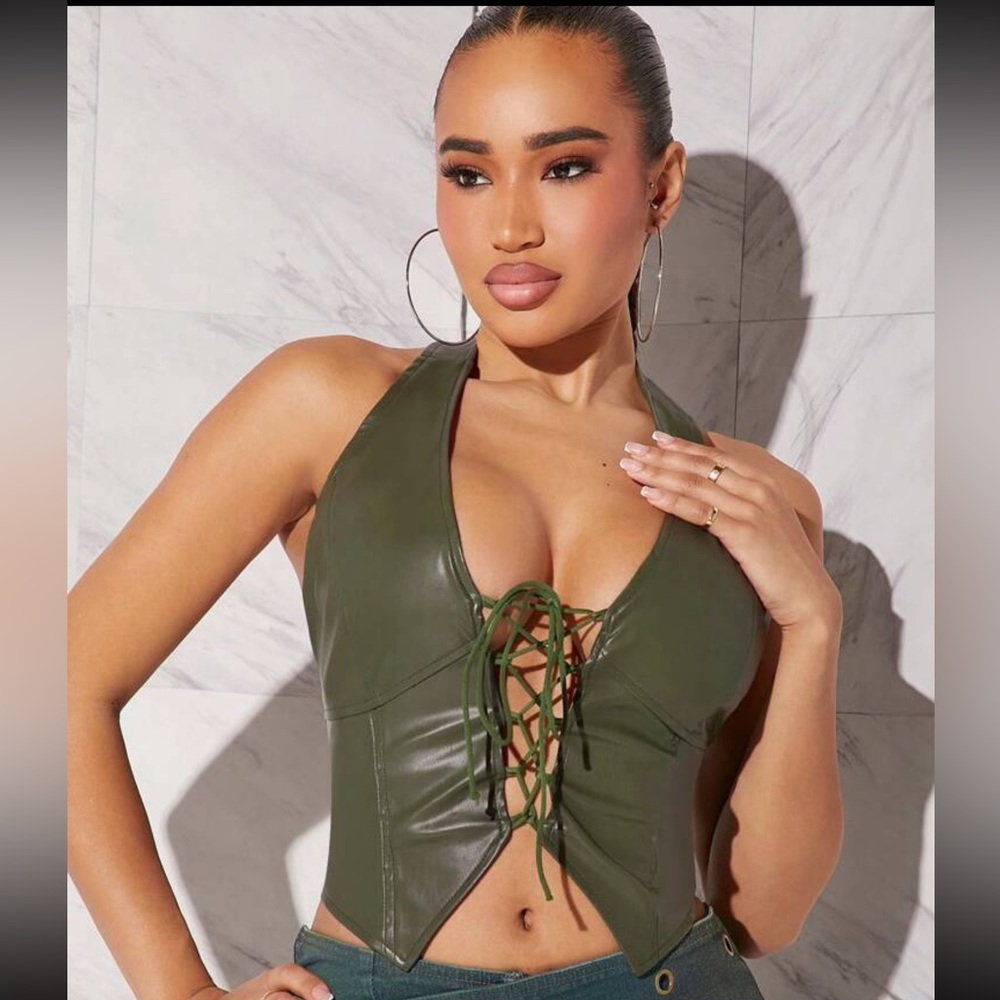 Olive Pleather Halter Top with lace up boddess